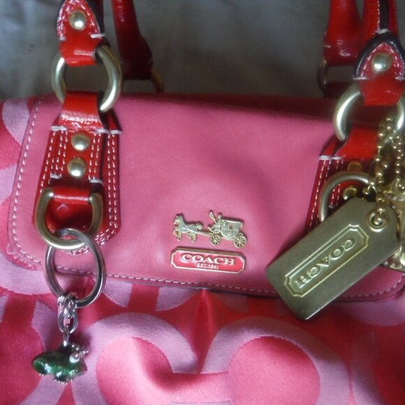 Coach Pink Purse Vintage Pink Fabric Red Handles Rare - Picture 11 of 14